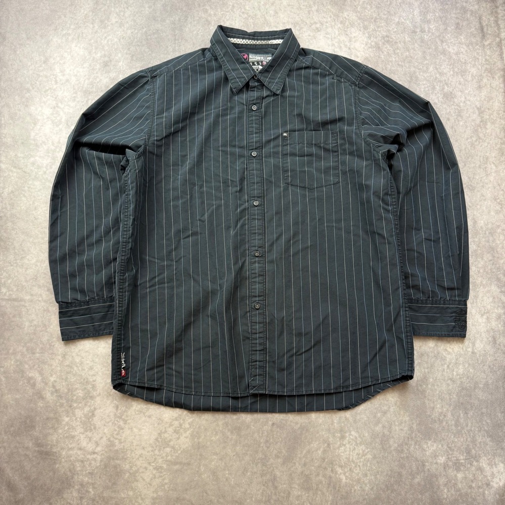 Quiksilver Mens XL Pinstripe Button Down Shirt Long Sleeve Black Logo Crest